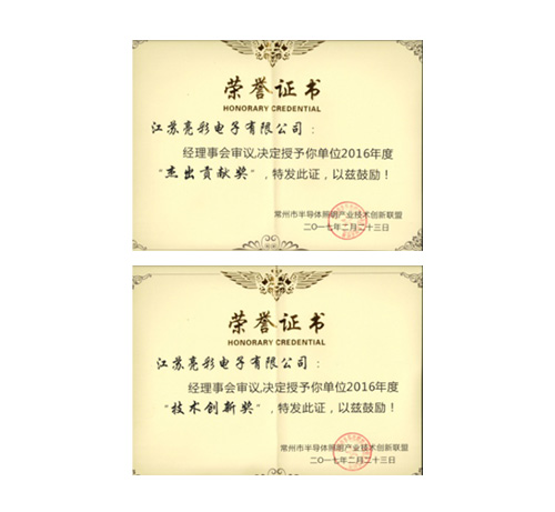 榮獲常州市半導(dǎo)體照明產(chǎn)業(yè)技術(shù) 創(chuàng)新聯(lián)盟頒發(fā)的“杰出貢獻(xiàn)獎”、 “協(xié)助獎”以及“年度先進個人獎”